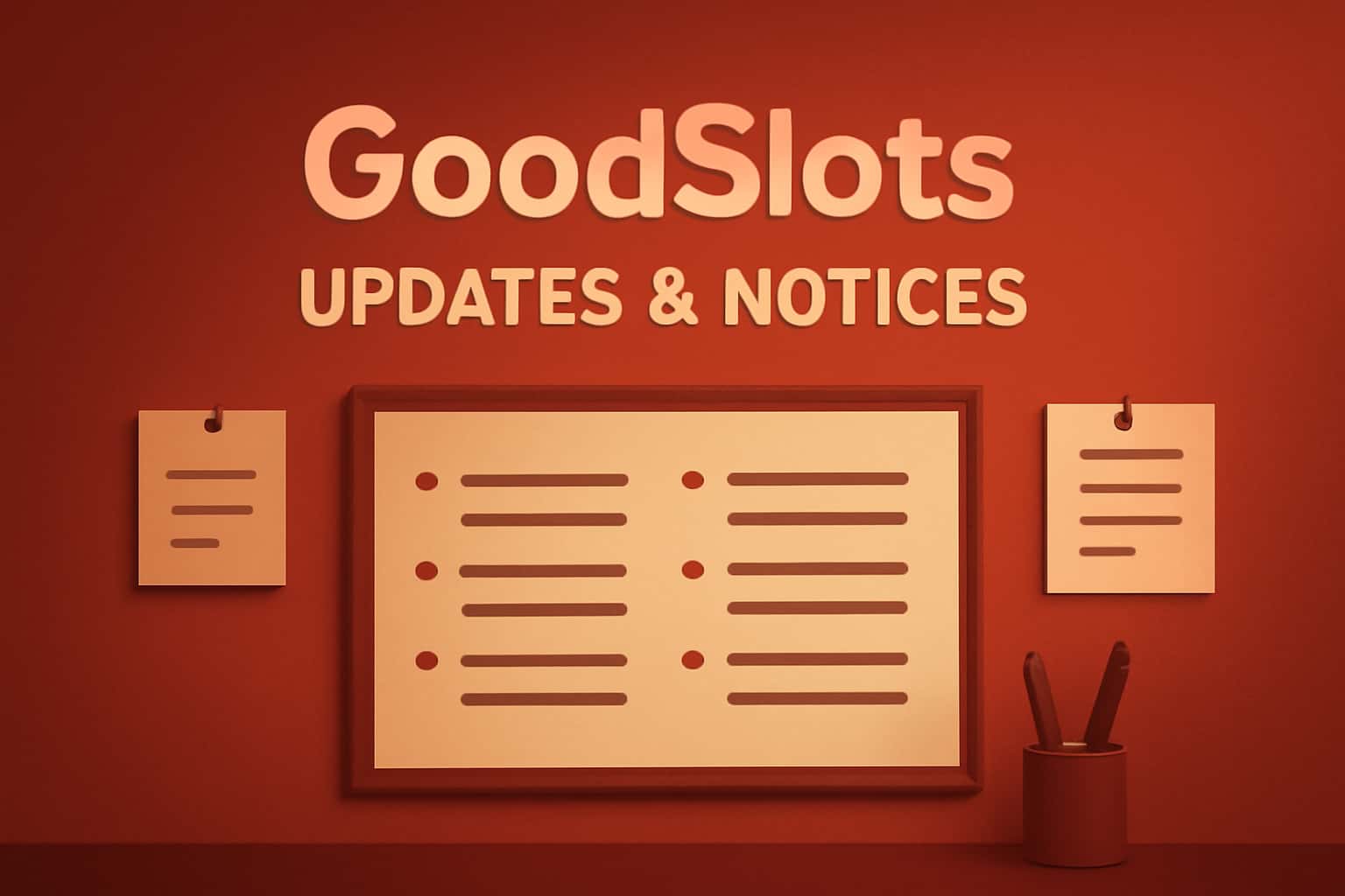 An informational scene depicting GoodSlots updates and notices, highlighted with #c4181a accents.